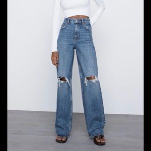 Zara Wide Leg Full Length Ripped Jeans